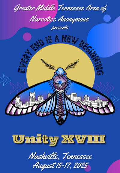 "Las Vegas, NV" at "UNITY 18 - Nashville, TN" speaker tape from a Narcotics Anonymous event.